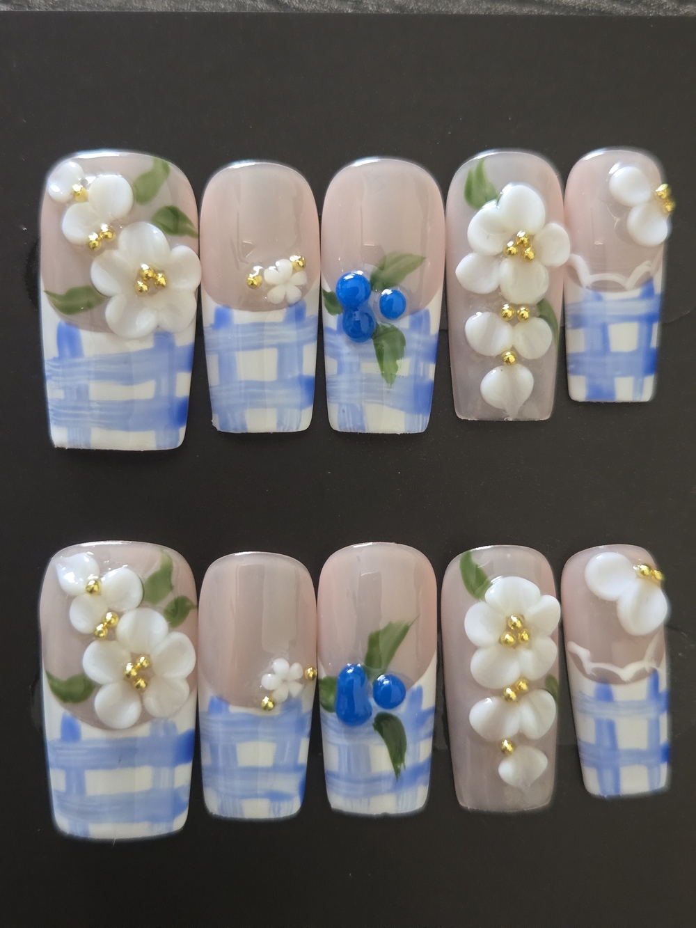 Hand Crafted Blue Gingham Floral Press-On Nails with White Flowers